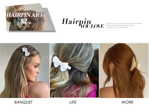 Three style variants of hair claws shown for banquet, daily life, and work settings