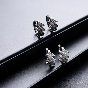 S925 silver lightning bolt hoop earrings with purple zircon in gun black and silver finish