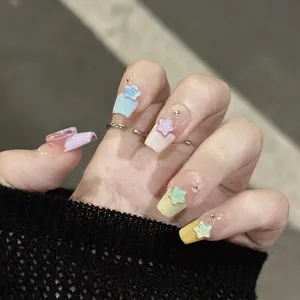 Handmade Press On Nails Macaron Dopamine Gradient Star Moon 3D Resin Rhinestone Sweet Fake Nails For Women