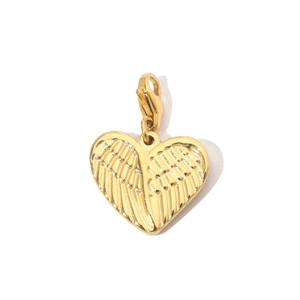 Detailed view of a golden heart pendant with wings and lobster clasp in stainless steel