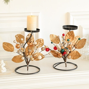Christmas Candle Holder Iron Metal Golden Leaf Colorful Berries Desktop Ornament Festive Modern Pillar Candlestick Home Decor