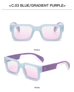 Front and side view of blue square sunglasses with purple gradient lenses and rivets
