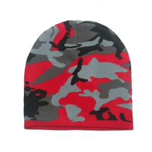Winter beanie hat with red grey black camouflage knit pattern for outdoor cycling warmth