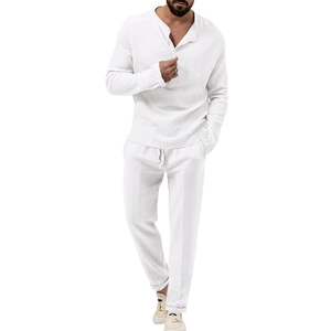 Men's white cotton linen suit with long sleeve Henley shirt and drawstring pants detail