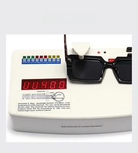 Detail showing UV400 protection test for square frame sunglasses with technical analysis
