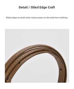 Detail view of smooth brown leather belt with precise edge oiling and reinforced stitching