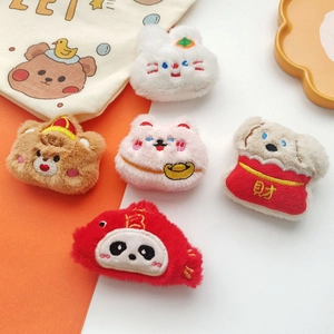 Cute plush animal brooches featuring rabbit, dog with money bag, and bear charms