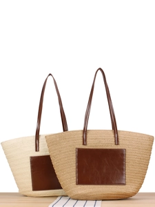 Large Woven Tote Bag Paper Rope PU Leather Patch Summer Beach Vacation Shoulder Bag For Women Simple Casual Handbag