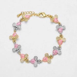 Golden bracelet featuring ten pink enamel bee charms set with sparkling cubic zirconia