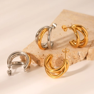 Three-layer linear stainless steel hoop earrings in gold and silver mixed tones