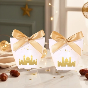 Detail of white Eid gift box with gold foil castle patterns and gold satin ribbons