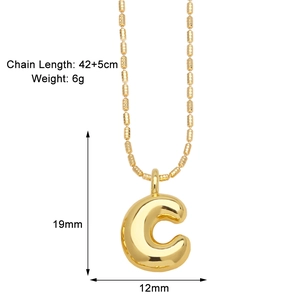 Detailed size specifications for gold letter C pendant necklace with bead chain