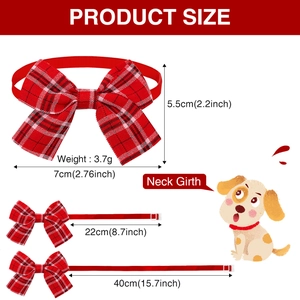 Detailed size chart for red plaid pet bowtie showing 3.7g weight and adjustable neck girth