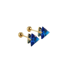 Triangle blue crystal stud earrings with gold screw back and minimalist geometric design