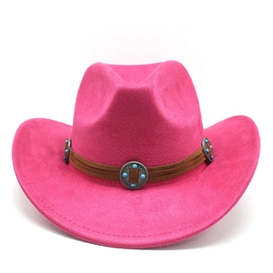 Detail of fuchsia suede cowboy hat with brown leather band and turquoise metal studs