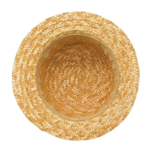 Detail view of woven straw sun hat interior featuring a soft moisture-wicking sweatband