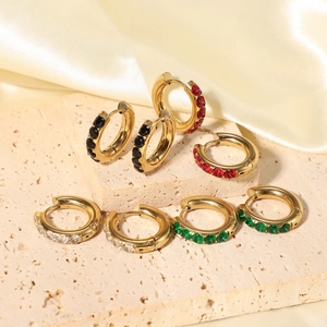 18K gold plated stainless steel huggie earrings with colorful round zircon pendants
