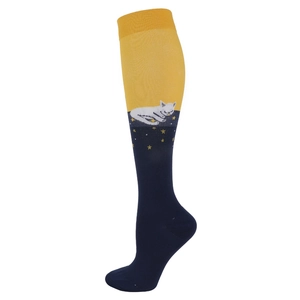 Calf compression sports socks with yellow and blue color block and white cat star pattern