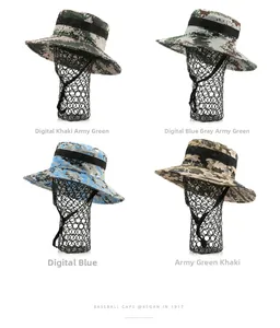 Detail view of four camouflage boonie hats with mesh vents and adjustable chin straps