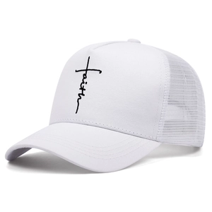 Detail of white mesh trucker hat with black faith cross embroidery on breathable fabric