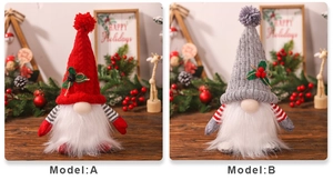 Close-up of Model A and Model B light-up Christmas gnomes with knitted hats and berries