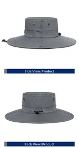 Detail view of dark grey wide brim sun hat with mesh vents and adjustable drawcord
