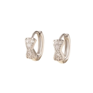 Silver bow hoop earrings with cubic zirconia stones displayed on a clean white background