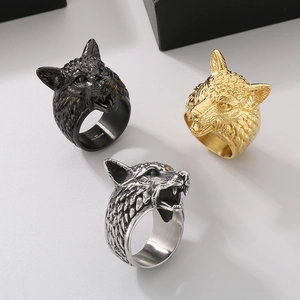Punk style Viking wolf head rings in black, silver and gold stainless steel finishes