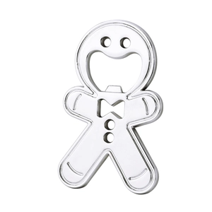 Polished silver gingerbread man beer bottle opener in stainless steel with cutout detail