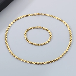 Polished 18k gold plated stainless steel necklace and bracelet set with H-link chain