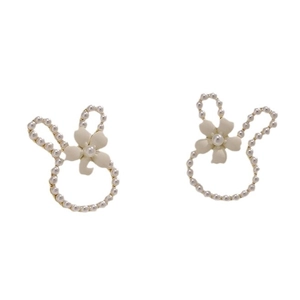 Sweet rabbit rabbit ear studs with white pearl flowers and silver plated ring design