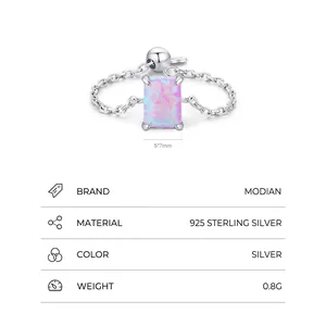 S925 sterling silver adjustable ring with a rectangular pink opal stone centerpiece