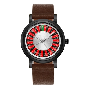 Detail of trendy roulette dial men's quartz watch with brown leather strap in studio
