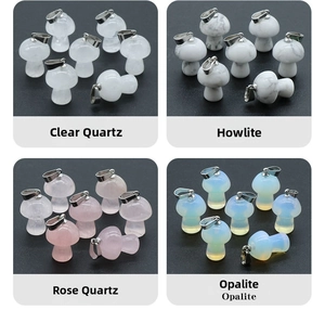 Macro detail of mini mushroom pendants in clear quartz, howlite, rose quartz, and opalite