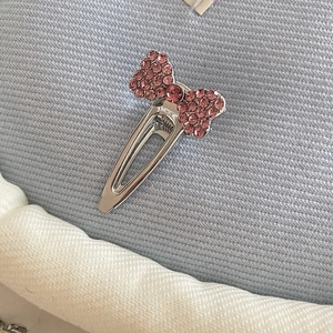 Silver metal hair clip with pink rhinestone heart bow for women stylish hair accessory