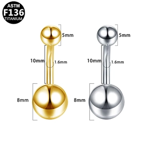 Detailed size chart for titanium belly rings featuring 10mm bar and 5mm/8mm ball specs