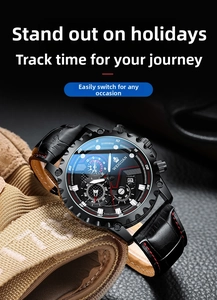 Detail of WEIGUAN black quartz watch with red stitching on leather strap and multi-dial face