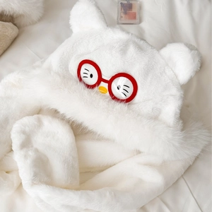 Cute white plush kitty cat hooded scarf with red glasses embroidery for winter warmth
