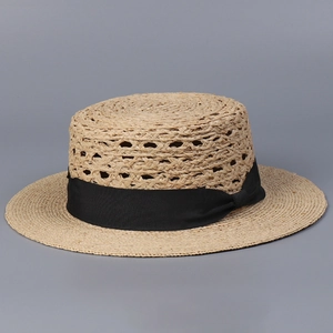 Elegante Sombrero Boater De Paja De Rafia Mujer Verano Playa Parasol Transpirable Diseño Hueco Ala Ancha Lazo De Cinta