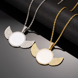 Iced out angel wing photo necklace in gold and silver finish with hip hop twist chains
