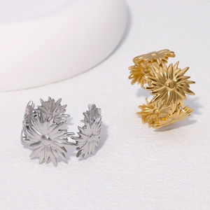 Flower Ring Stainless Steel Adjustable Open Band Sunflower Daisy Minimalist Metallic Jewelry Women