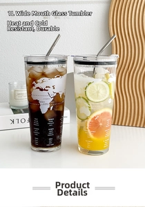 Detail of 1L large glass tumbler featuring world map print and stainless steel straw