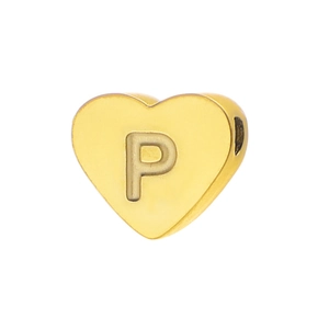 Close-up of heart-shaped gold titanium pendant with letter P engraving and mirror finish