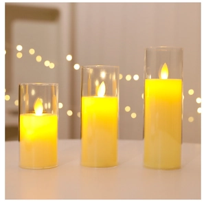 Three-piece LED flameless candle set in glass jars with realistic warm yellow flickering flame
