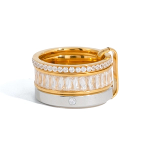 Two-tone 18K gold and silver stacked ring set with white cubic zirconia accents