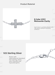 Macro shot of S925 hallmark on silver chain and D Color VVS1 moissanite cross pendant