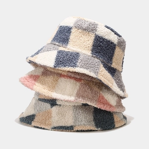 Checkerboard Bucket Hat Lamb Wool Warm Windproof Winter Outdoor Retro Fashion Women Flat Top Wide Brim Foldable