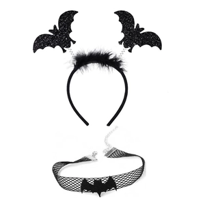 Detail of Halloween bat wing headband with feathers and matching mesh bat choker necklace