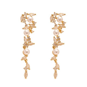 Elegant gold drop earrings with wheat ear zircons and pearls for women's fashion
