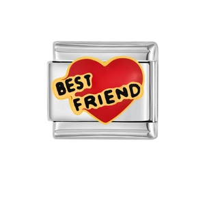 Italian charm for modular bracelet with red heart and yellow Best Friend banner
